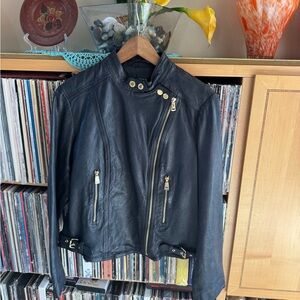 NWT RALPH LAUREN lined DK NAVY LAMBSKIN LEATHERAsymmetrical Zip Moto JKT, 12